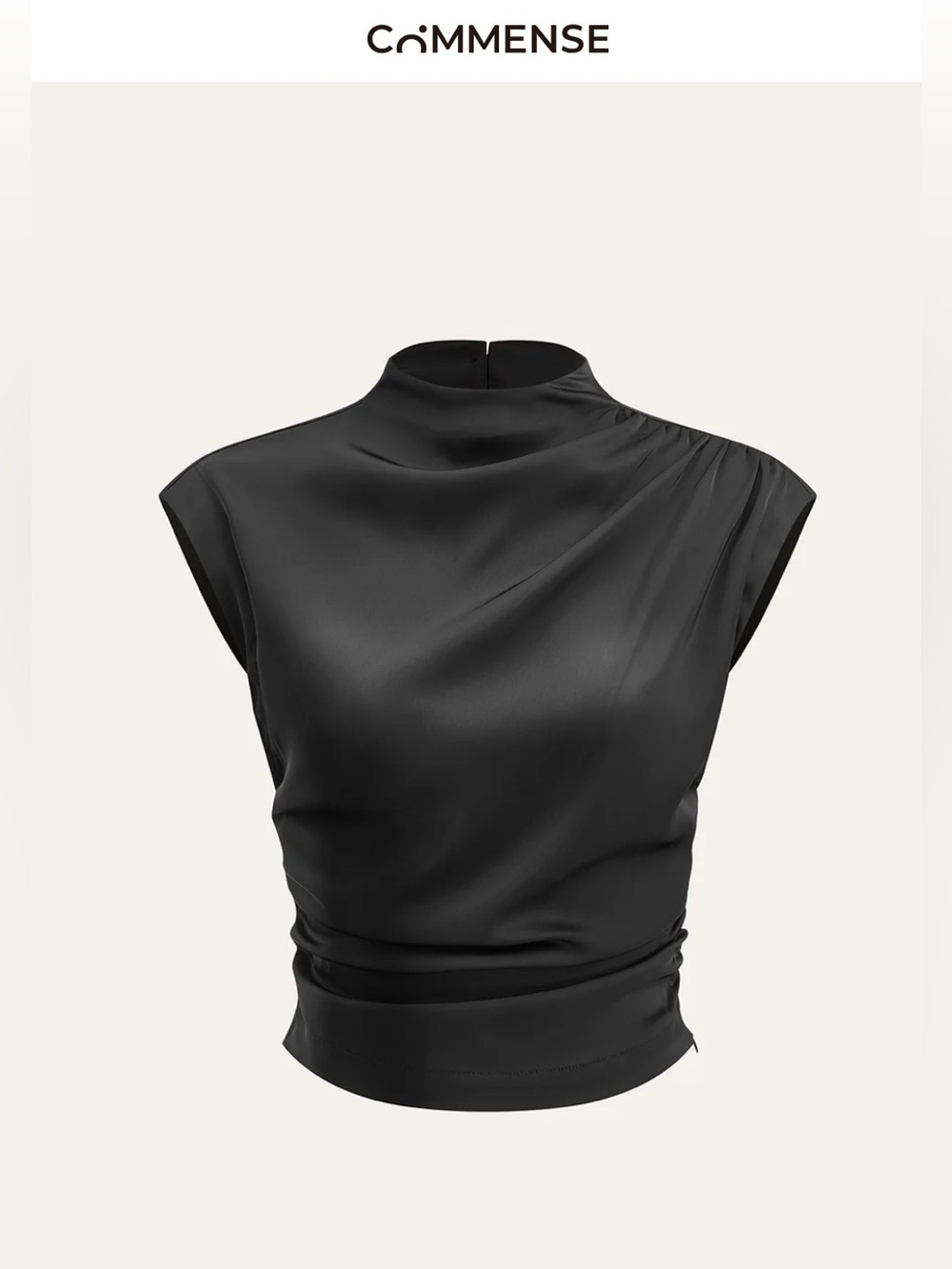 Commense Black Satin Mock Neck Sleeveless Top